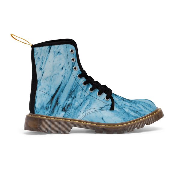 Blue Marbled Women's Canvas Boots, Best Marble Print Women's Boots, Combat Boots, Designer Women's Winter Lace-up Toe Cap Hiking Boots Shoes For Women (US Size 6.5-11) Marble Canvas Shoes, Blue White Marble Print Winter Boots, Marbled Boots For Ladies 