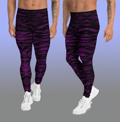 Purple Tiger Stripe Men's Leggings, Tiger Stripes Animal Print Sexy Meggings Men's Workout Gym Tights Leggings, Men's Compression Tights Pants - Made in USA/ EU (US Size: XS-3XL) 