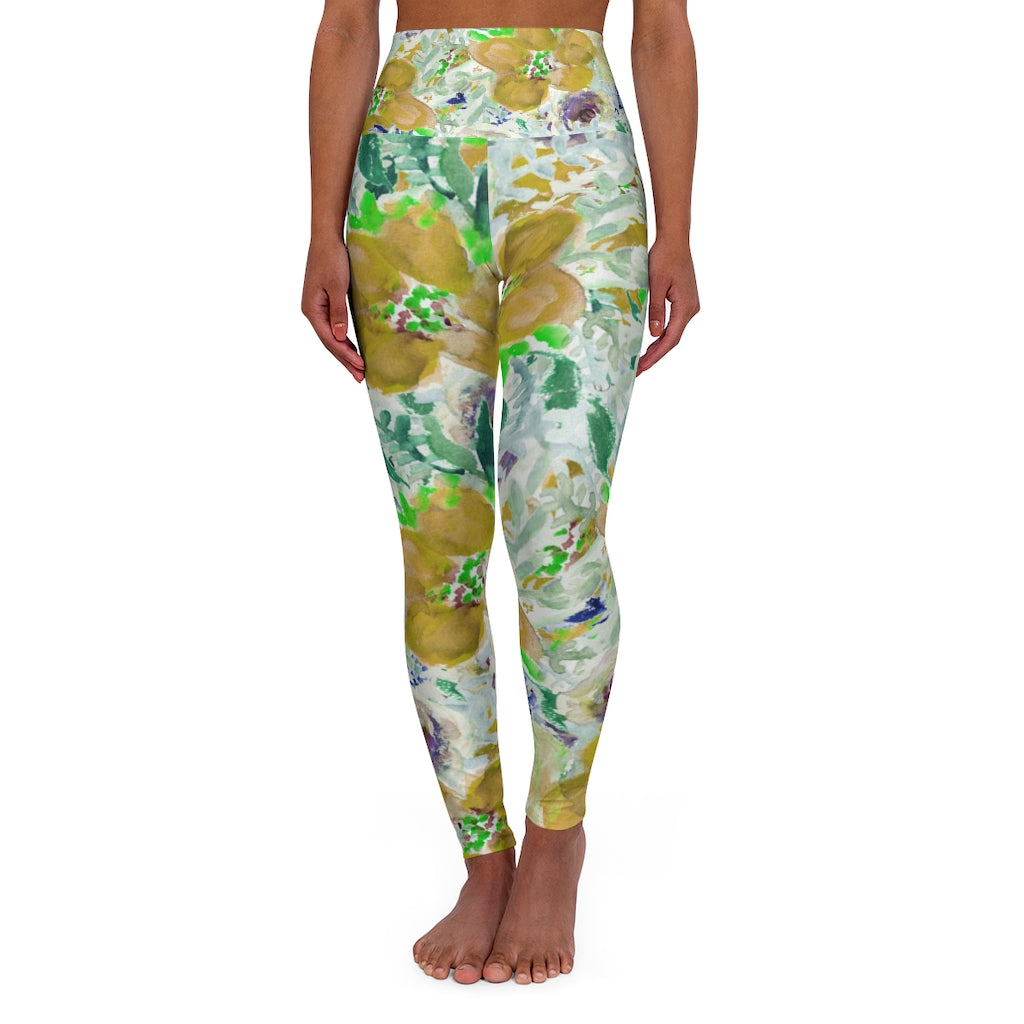 Yellow Floral Yoga Pants, High Waisted Yoga Leggings, Black Grey White Flower Print Women's Tights-All Over Prints-Printify-XS-Heidi Kimura Art LLC
