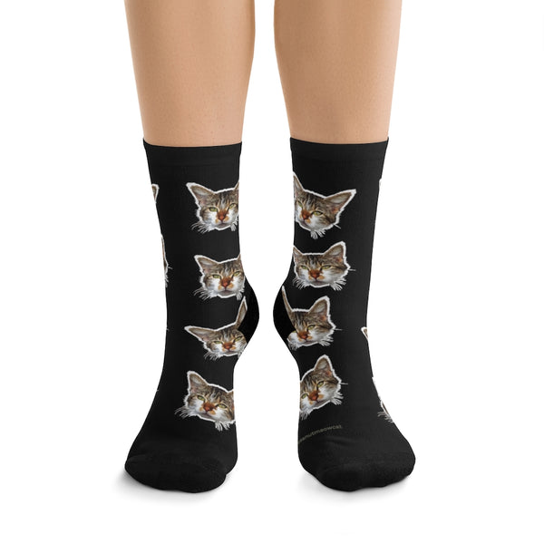 Black Cat Print Socks, Designer Cute Calico Cat One-Size Premium Socks- Made in USA-Socks-One size-Heidi Kimura Art LLC