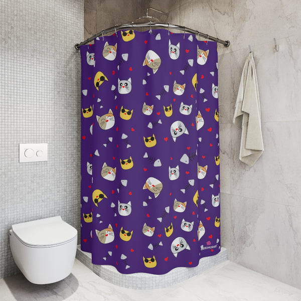 Purple Cat Shower Curtain, Cat Print Polyester Shower Curtain