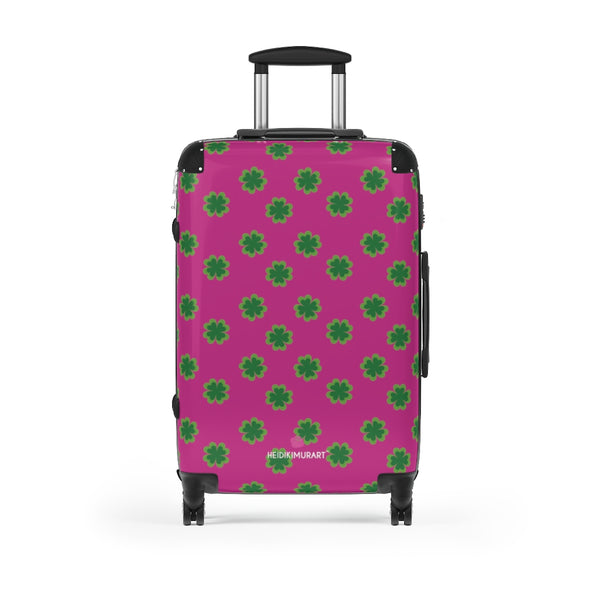 Hot Pink Clover Print Suitcases, Irish Style St. Patrick's Day Designer Suitcase Luggage (Small, Medium, Large)