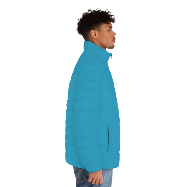 Turquoise Blue Color Men's Jacket, Solid Blue Color Best Casual Men's Winter Jacket, Best Modern Minimalist Classic Solid  Color Regular Fit Polyester Men's Puffer Jacket With Stand Up Collar (US Size: S-2XL)