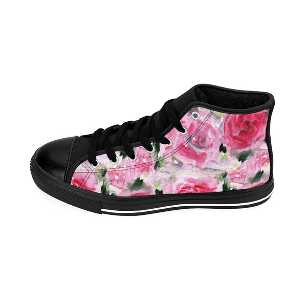 Pink Abstract Rose Floral Print Pink Designer Women's High Top Sneakers (US Size: 6-12)-Women's High Top Sneakers-Heidi Kimura Art LLCPink Rose Women's Sneakers, Feminine Sporty Modern Pink Abstract Rose Floral Print Pink Designer Women's High Top Sneakers Tennis Running Shoes (US Size: 6-12)