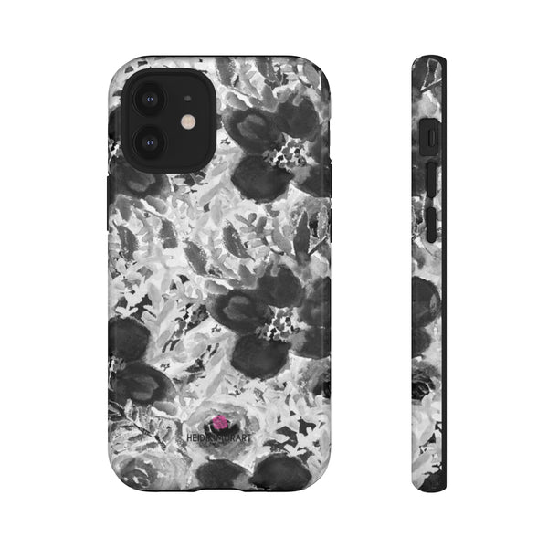 Grey Floral Designer Tough Cases, Rose Flower Print Best Designer Case Mate Best Tough Phone Case For iPhones and Samsung Galaxy Devices-Made in USA