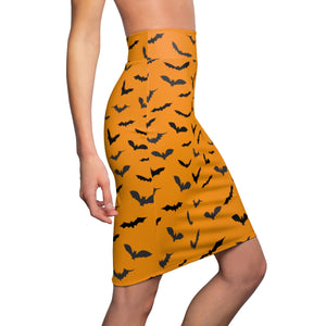 Orange Black Halloween Bats Print Women's Pencil Skirt- Made in USA (Size: XS-2XL)-Pencil Skirt-L-4 oz.-Heidi Kimura Art LLC