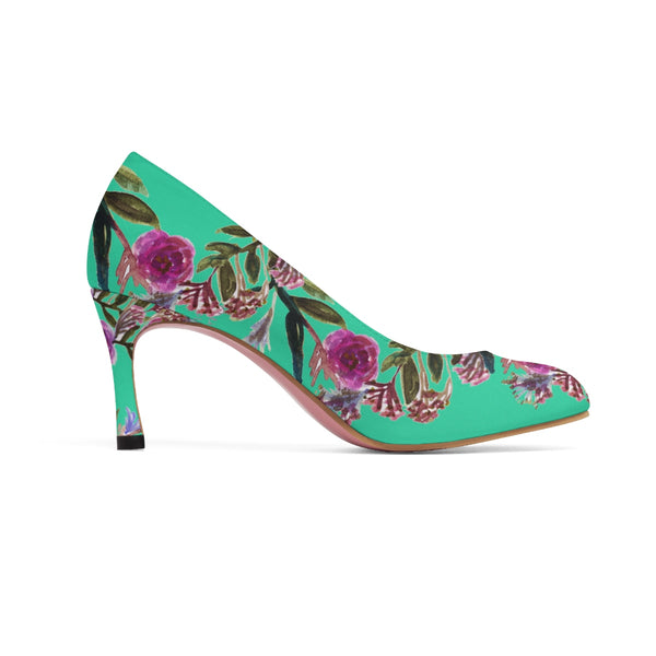 Turquoise Blue Floral Garden Purple Pink Rose Designer Women's 3" High Heels-3 inch Heels-Heidi Kimura Art LLC