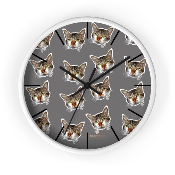 Gray Cat Print Wall Clock, Cute Calico Cat Unique 10" Dia. Indoor Wall Clocks- Made in USA-Wall Clock-10 in-White-Black-Heidi Kimura Art LLC