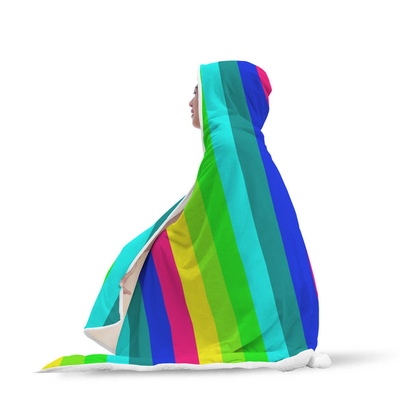 Happy Rainbow Stripe Print Designer Soft Sherpa Hooded Blanket for Adults/ Youth-Hooded Blanket-Youth 60"x40"-Heidi Kimura Art LLC