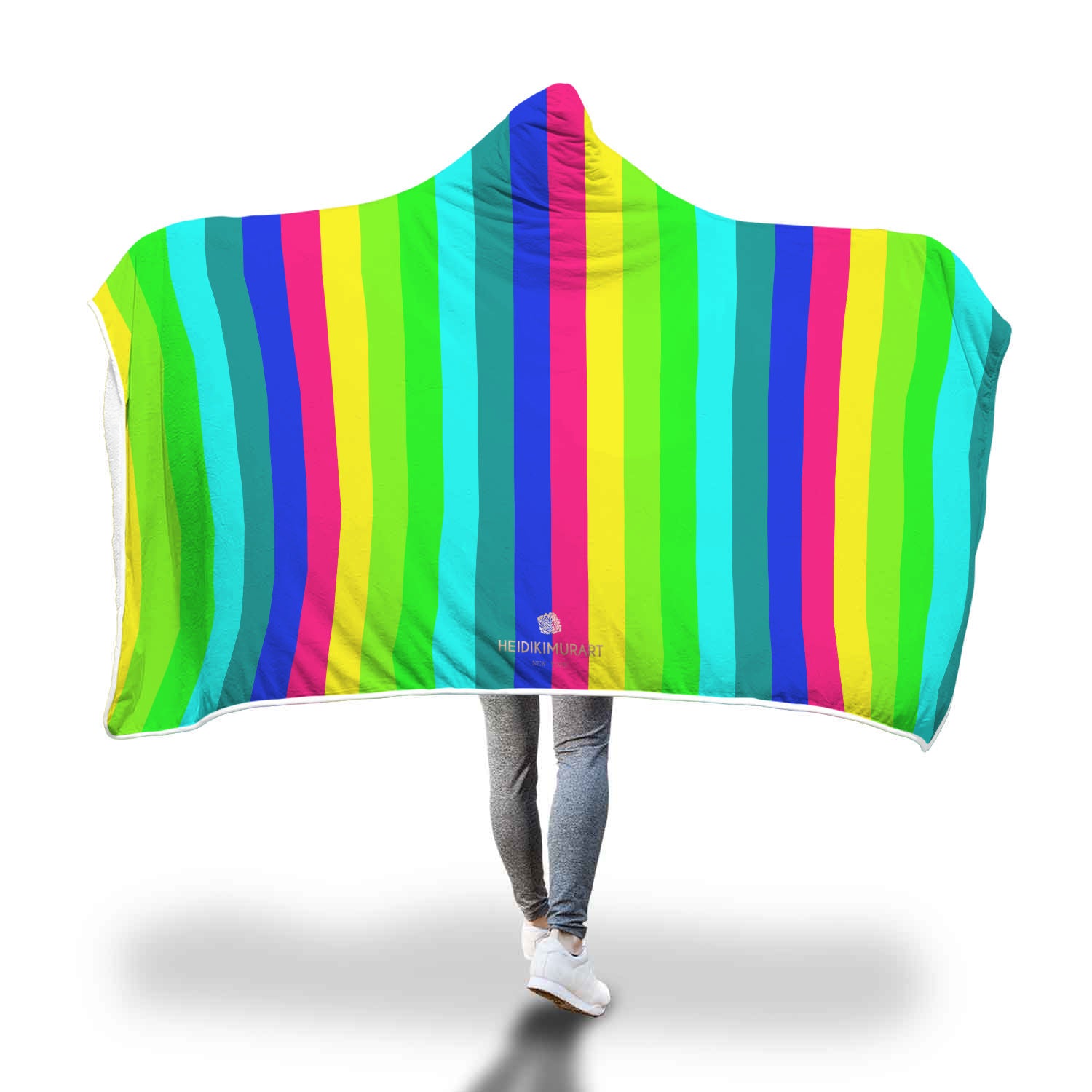 Bright Joyful Rainbow Stripe Print Premium Ultra Soft Fluffy Sherpa Hooded Blanket-Hooded Blanket-Adult 80"x55"-Heidi Kimura Art LLC