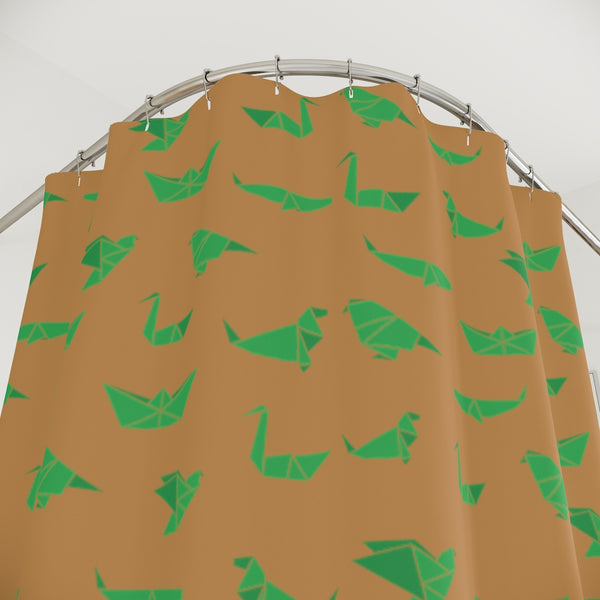 Brown Crane Polyester Shower Curtain, Japanese Origami Style Crane Birds Print 71" × 74" Modern Kids or Adults Colorful Best Premium Quality American Style One-Sided Luxury Durable Stylish Unique Interior Bathroom Shower Curtains - Printed in USA