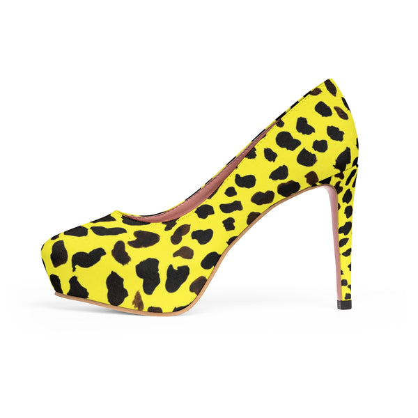 Bright Yellow Cute Cow Print Animal Print Luxury Women's 4" Platform Heels-4 inch Heels-Heidi Kimura Art LLC