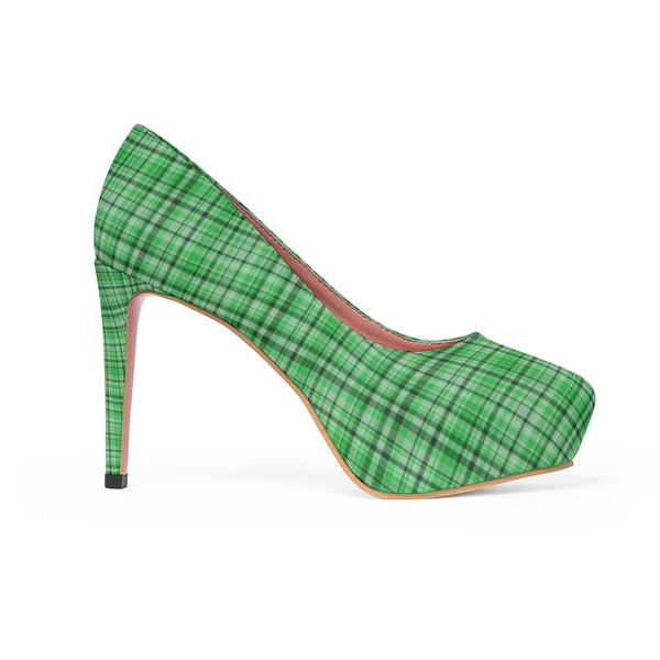 Green Plaid Scottish Tartan Print Women's Platform Heels Stiletto Pumps (US Size: 5-11)-4 inch Heels-Heidi Kimura Art LLC
