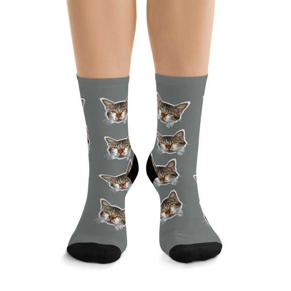 Gray Cat Print Socks, Designer Cute Calico Cat 1-Size Knit Premium Socks- Made in USA-Socks-One size-Heidi Kimura Art LLC