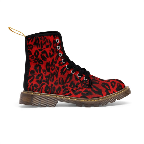 Red Leopard Print Men Hiker Boots, Designer Men's Laced Up Best Animal Print Canvas Boots
