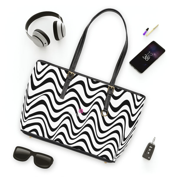 Black White Wavy Tote Bag, Best Abstract Waves Best Stylish Fashionable Printed PU Leather Shoulder Large Spacious Durable Hand Work Bag 17"x11"/ 16"x10" With Gold-Color Zippers & Buckles & Mobile Phone Slots & Inner Pockets, All Day Large Tote Luxury Best Sleek and Sophisticated Cute Work Shoulder Bag For Women With Outside And Inner Zippers