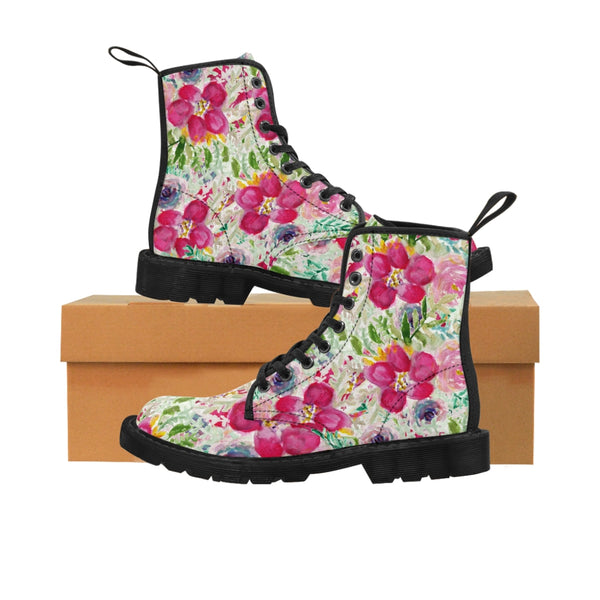 Pink Floral Women's Canvas Boots-Shoes-Printify-Black-US 8.5-Heidi Kimura Art LLC Pink Floral Women's Canvas Boots, Flower Hiking Canvas Mountain Boots, Modern Essential Casual Fashion Hiking Boots, Canvas Hiker's Shoes For Mountain Lovers, Stylish Premium Combat Boots, Designer Women's Winter Lace-up Toe Cap Hiking Boots Shoes For Women (US Size 6.5-11)