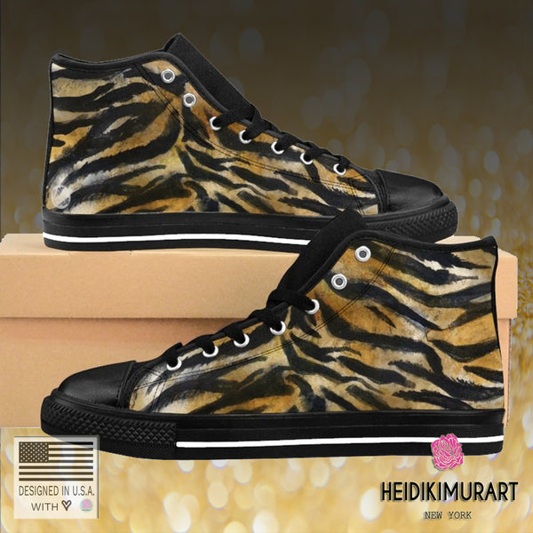 Wild Fierce Tiger Striped Animal Print Pattern Designer Men's High Top Sneakers Shoes-Men's High Top Sneakers-Heidi Kimura Art LLC