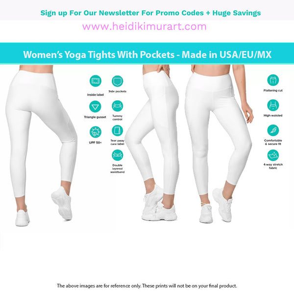White Women's Tights, Solid Color Best Yoga Pants With 2 Side Deep Long Pockets - Made in USA/EU/MX (US Size: 2XS-6XL)