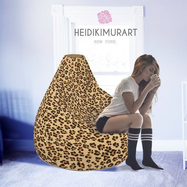 Cute & Plush Leopard Bean Bag, Cute & Plush Brown Leopard Animal Print Water Resistant Polyester Bean Sofa Bag W: 58"x H: 41" With Filling Or Bean Bag Cover Without Filling- Made in Europe