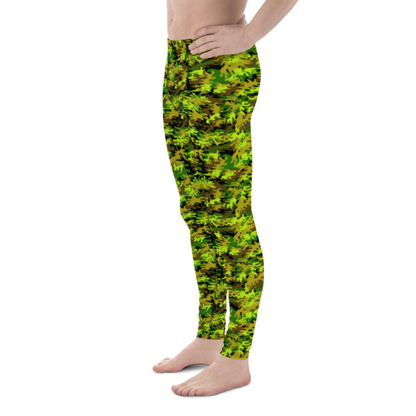 Black Green Camo Print Meggings, Army Military Print Men's Leggings-Made in USA/EU-Men's Leggings-Heidi Kimura Art LLC