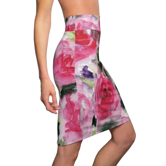 Pink Misty Rose Floral Designer Women's Mid-Waist Pencil Skirt - Made in USA-Pencil Skirt-Heidi Kimura Art LLC