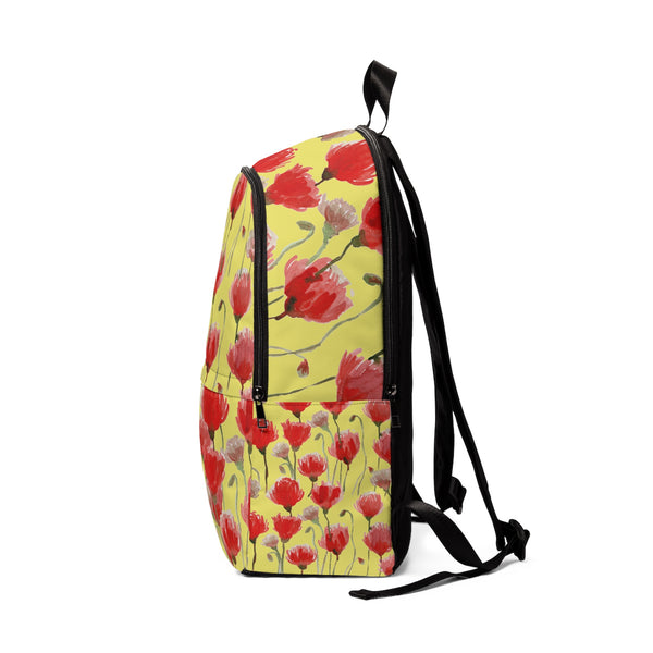 Yellow Red Poppy Flower Floral Print Designer Unisex Fabric Backpack School Bag With Laptop Slot-Backpack-One Size-Heidi Kimura Art LLC
