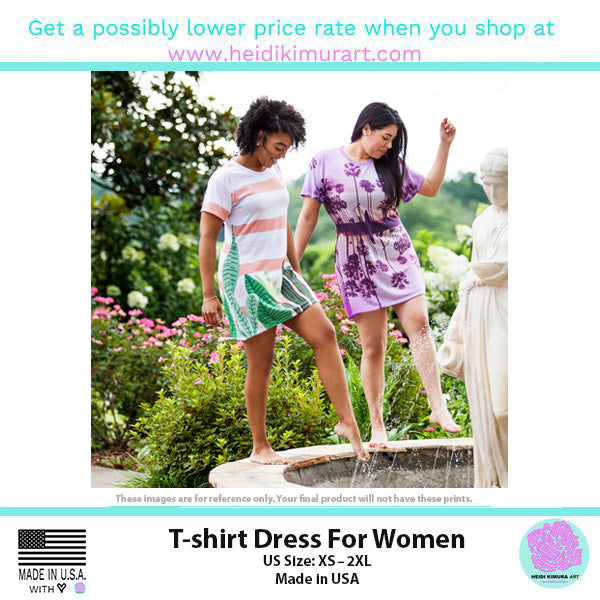 Purple Pink T-Shirt Dress, Rose Floral Print Women's Long T-Shirt Dress- Made in USA(US Size:XS-2XL)