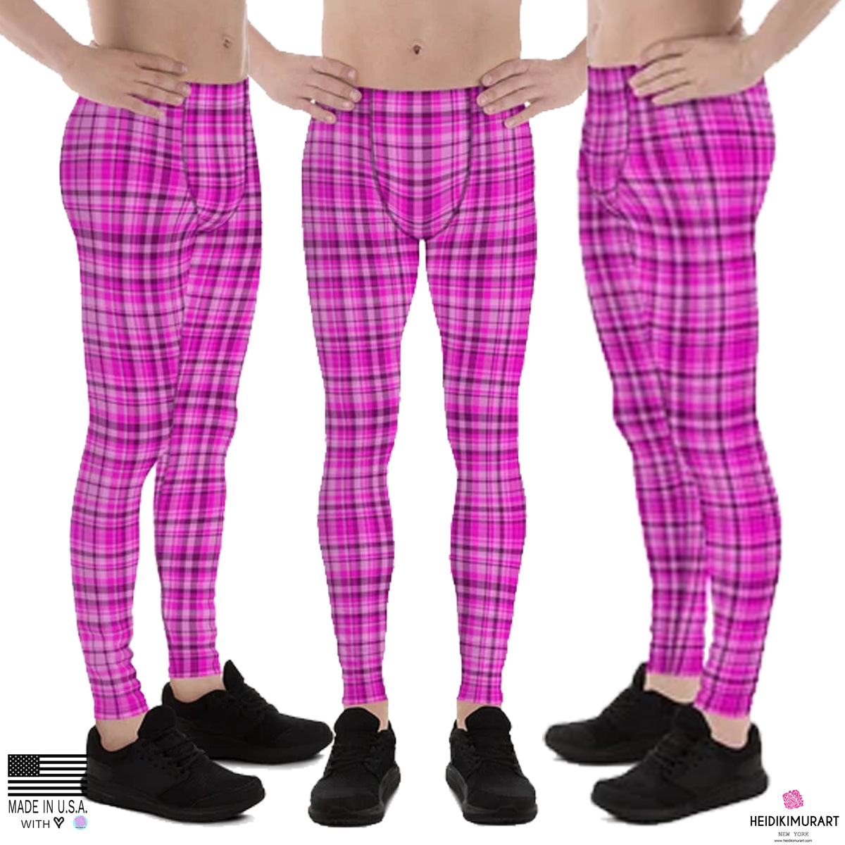Tartan Pink Plaid Print Meggings, Elastic Men's Leggings Run Soft Tights- Made in USA/EU-Men's Leggings-XS-Heidi Kimura Art LLC