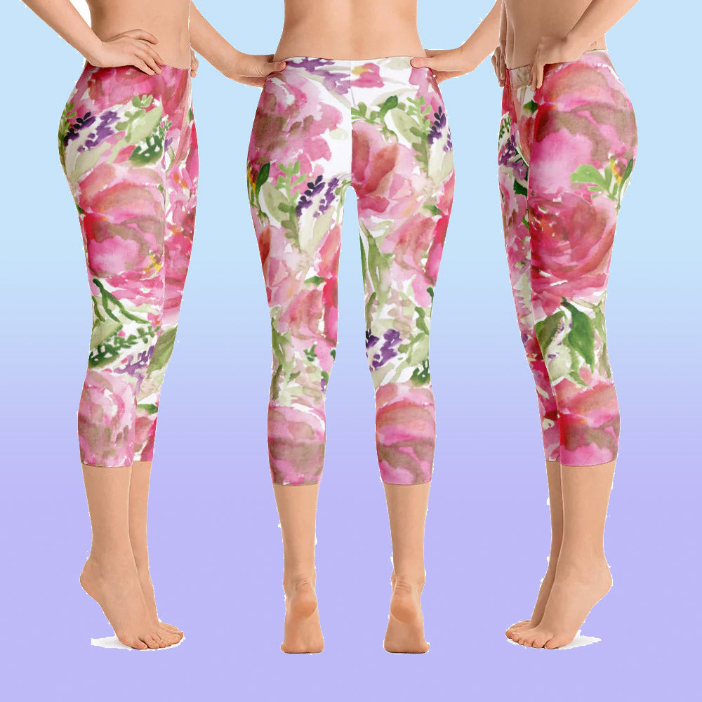 Pink Floral Best Capri Leggings, Flower Print Designer Premium Quality  Women's Capris Tights- Made in USA/EU/MX