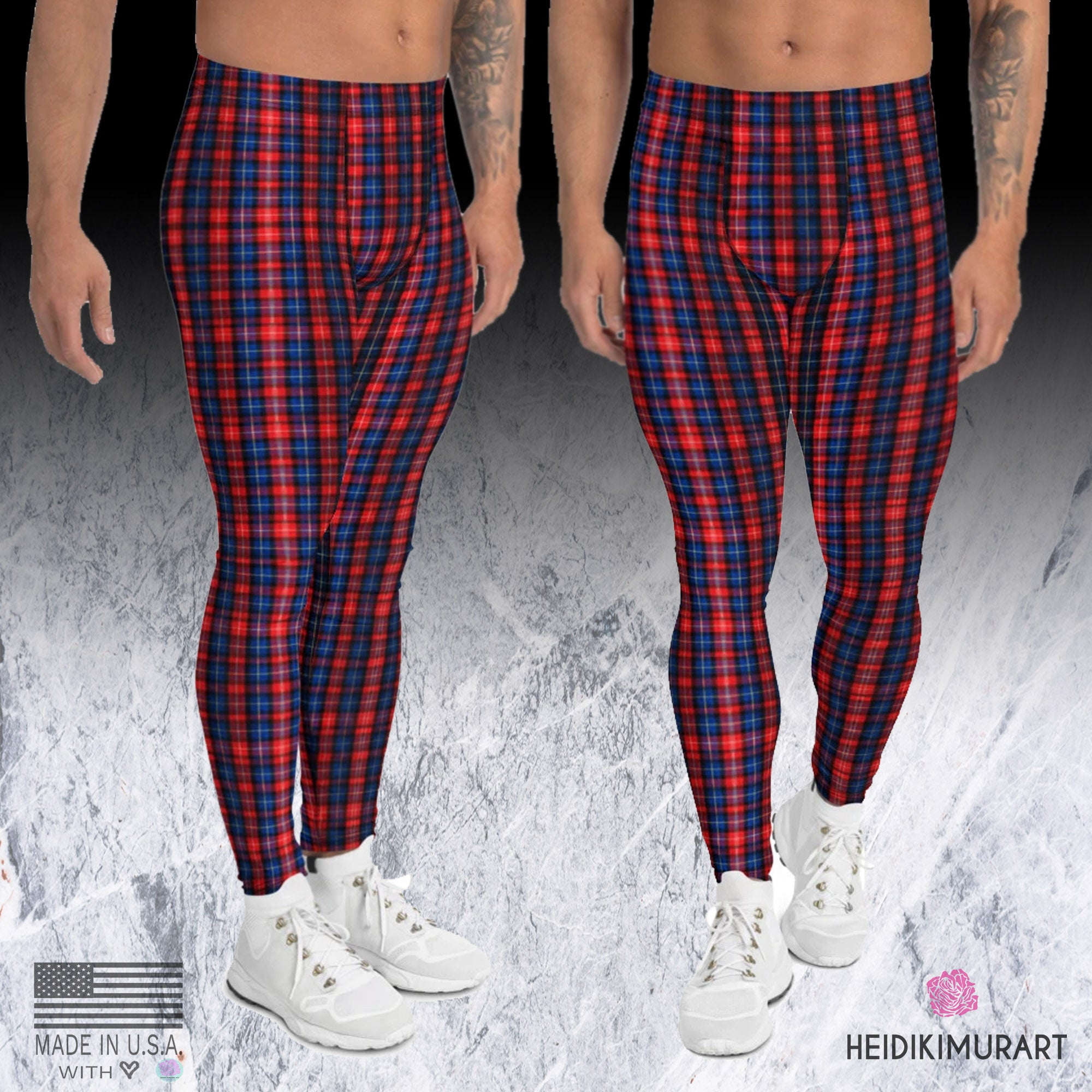 Red Plaid Print Men's Leggings, Scottish Tartan Print Meggings Tights-Made  in USA/EU/MX