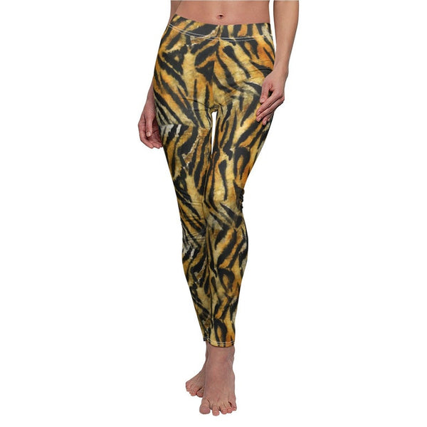 Orange Bengal Tiger Striped Animal Print Women's Casual Leggings - Made in USA-Casual Leggings-Heidi Kimura Art LLC