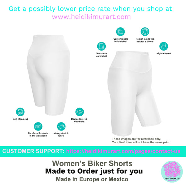 Solid White Color Biker Shorts, Bright White Premium Women's Cycling Shorts-Made in EU/MX