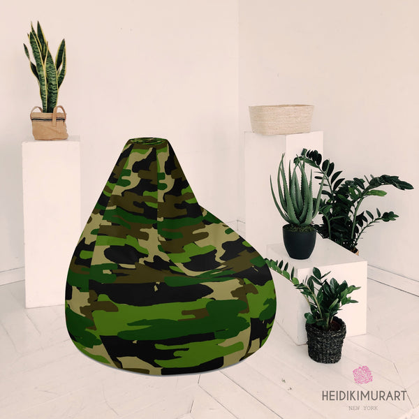 Green Camo Bean Bag Chair, Green Camo Camouflage Military Army Print Water Resistant Polyester Bean Sofa Bag W: 58"x H: 41" Chair With Filling Or Bean Bag Cover Without Filling- Made in Europe