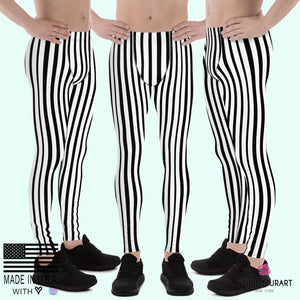Black White Vertically Striped Meggings, Stripe Print Men's Circus Leggings - Made in USA/EU-Men's Leggings-XS-Heidi Kimura Art LLC