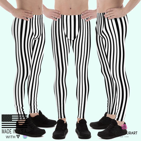 Black White Vertically Striped Meggings, Stripe Print Men's Circus Leggings - Made in USA/EU-Men's Leggings-XS-Heidi Kimura Art LLC