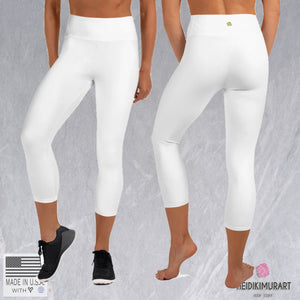 White Color Women's Capri Leggings, Bright Solid White Color Yoga