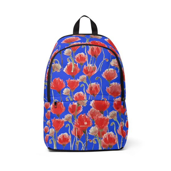Blue & Red Poppy Flower Floral Print Designer Unisex Fabric Backpack-Backpack-One Size-Heidi Kimura Art LLC
