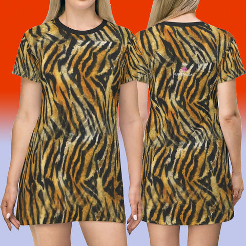 Orange Tiger Stripes T-Shirt Dress, Orange Tiger Striped Best Animal Print Designer Crew Neck Women's Long Tee Long T-shirt Dress-Made in USA (US Size: XS-2XL)