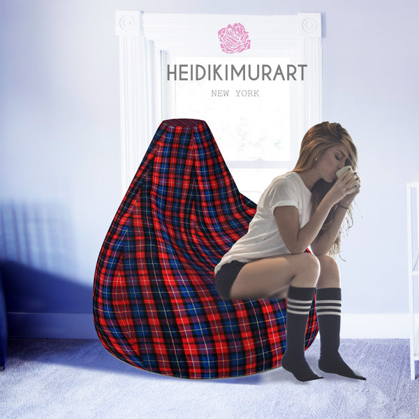 Red Plaid Bean Bag, Red and Blue Tartan Plaid Print Water Resistant Polyester Bean Sofa Bag W: 58"x H: 41" Chair With Filling Or Bean Bag Cover Without Filling- Made in Europe