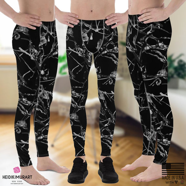 Black Marble Print Meggings, Black Gray Marble Print Sexy Men's Leggings Workout Compression Run Tights Meggings Pants- Made in USA/EU (US Size: XS-3XL)