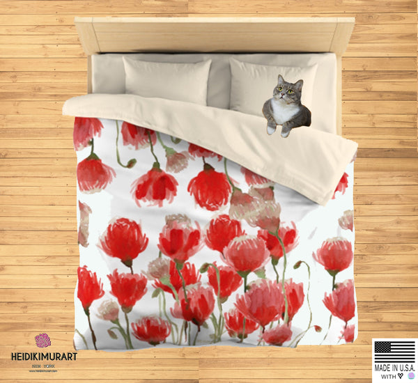 White Red Poppy Flower Floral Super Soft Polyester Microfiber Duvet Cover- Made in USA-Duvet Cover-Heidi Kimura Art LLC