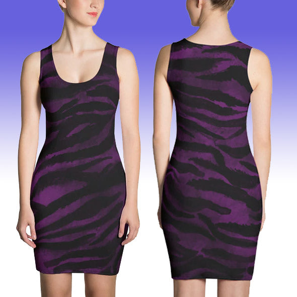 Tiger Striped Animal Print Dress, 1-pc Purple Tiger Striped Animal Print Women's Sleeveless Royal Purple 1-pc  Crew Neck Designer Best Tank Dress - Made in USA/ Europe/ MX (US Size: XS-XL)