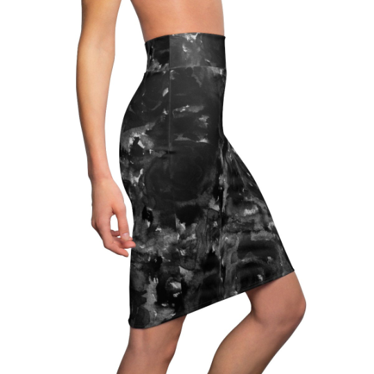 Gray Abstract Pencil Skirt, Black Rose Floral Print Women's Stretchy Pencil Skirt-Made in USA-Pencil Skirt-Heidi Kimura Art LLC