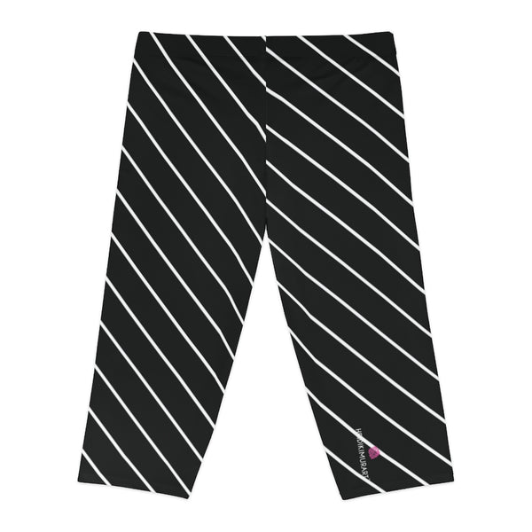 Black Striped Women's Capri Leggings, Modern Black and White Diagonally Striped Print American-Made Best Designer Premium Quality Knee-Length Mid-Waist Fit Knee-Length Polyester Capris Tights-Made in USA (US Size: XS-3XL) Plus Size Available