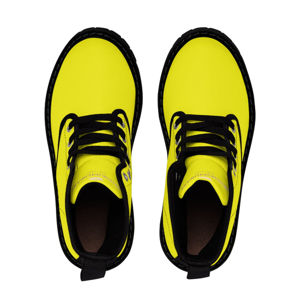 Bright Lemon Yellow Solid Color Print Men's Canvas Winter Laced Up Boots Shoes-Men's Boots-Heidi Kimura Art LLC