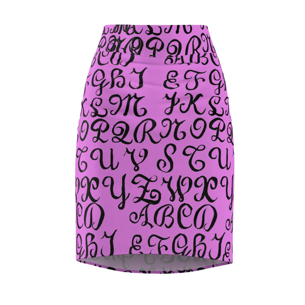 Pink Black Alphabets Calligraphy Print Women's Pencil Skirt - Made in USA-Pencil Skirt-Heidi Kimura Art LLC
