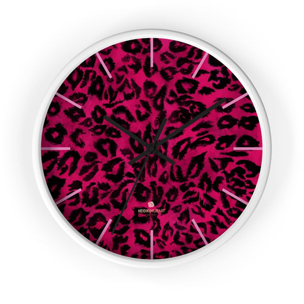 Hot Pink Leopard Animal Print Large Unique Wall Clocks For Vegan Lovers- Made in USA-Wall Clock-10 in-White-Black-Heidi Kimura Art LLC