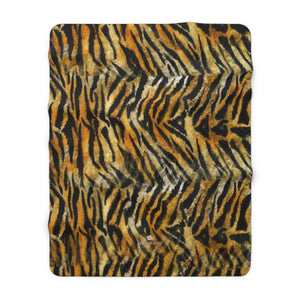 Orange Brown Tiger Stripe Print Designer Cozy Sherpa Fleece Blanket-Made in USA-Blanket-60" x 80"-Heidi Kimura Art LLC