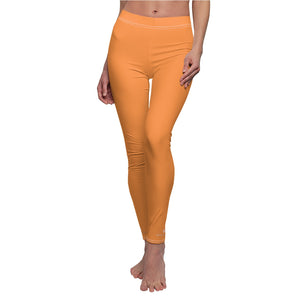 Orange Solid Color Print Women's Dressy Long Casual Leggings- Made in USA-All Over Prints-White Seams-M-Heidi Kimura Art LLC